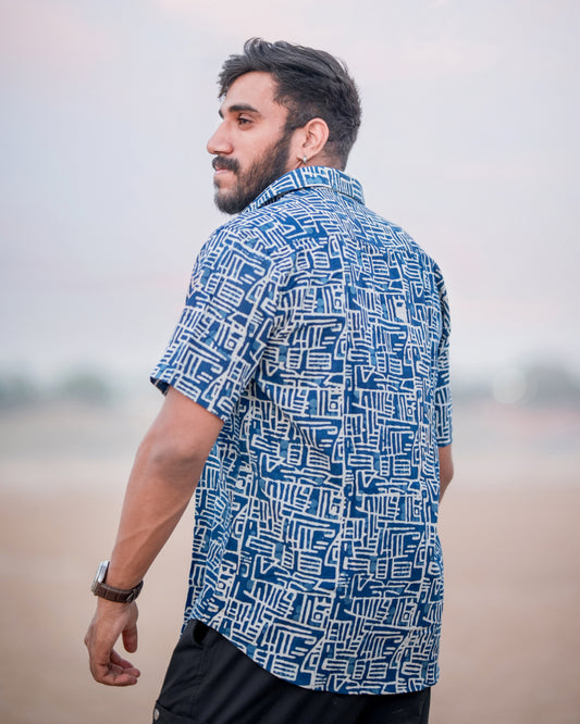 Karvaah- Indigo Maze Natural Dye Hand Block Print Cotton Shirt