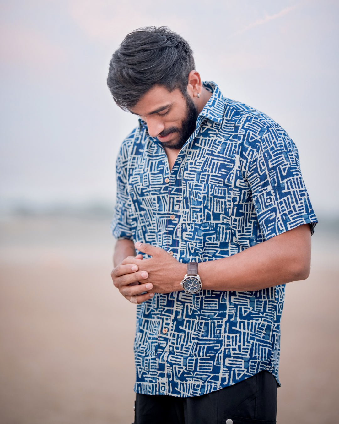 Karvaah- Indigo Maze Natural Dye Hand Block Print Cotton Shirt