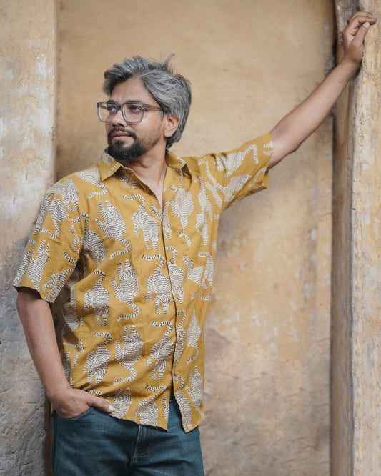 Karvaah- Golden Tiger Natural Dye Hand Block Print Cotton Shirt
