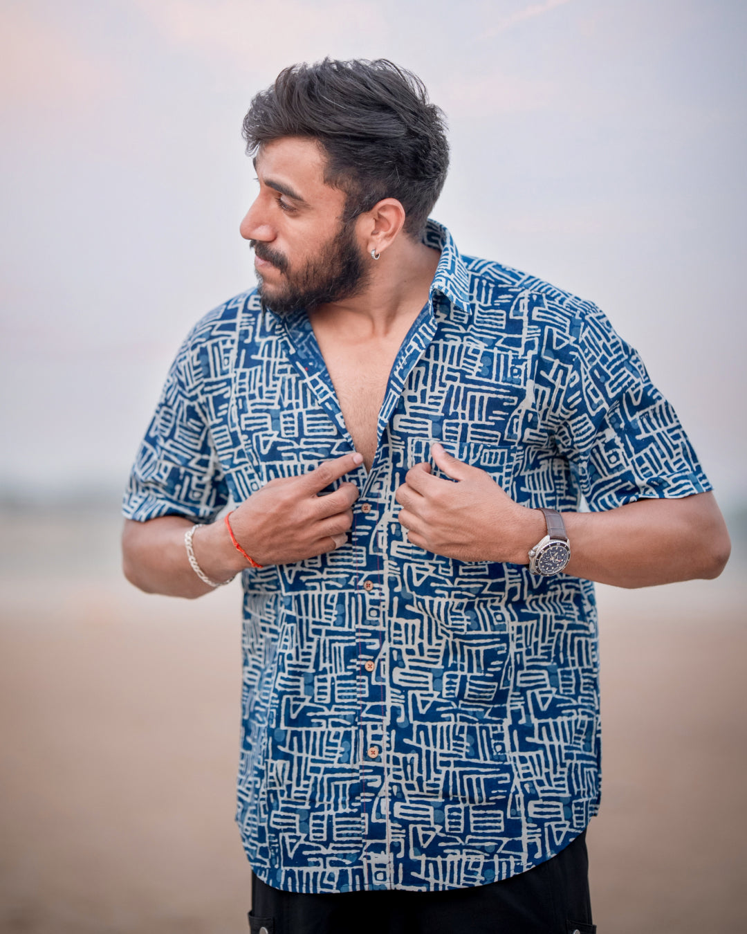 Karvaah- Indigo Maze Natural Dye Hand Block Print Cotton Shirt