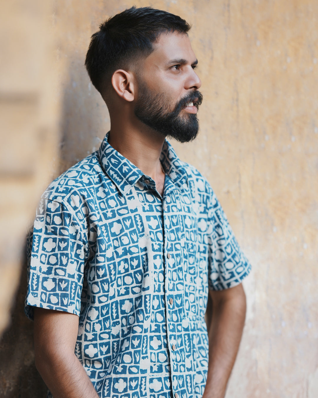 Karvaah- Indigo Mosaic Natural Dye Hand Block Print Cotton Shirt