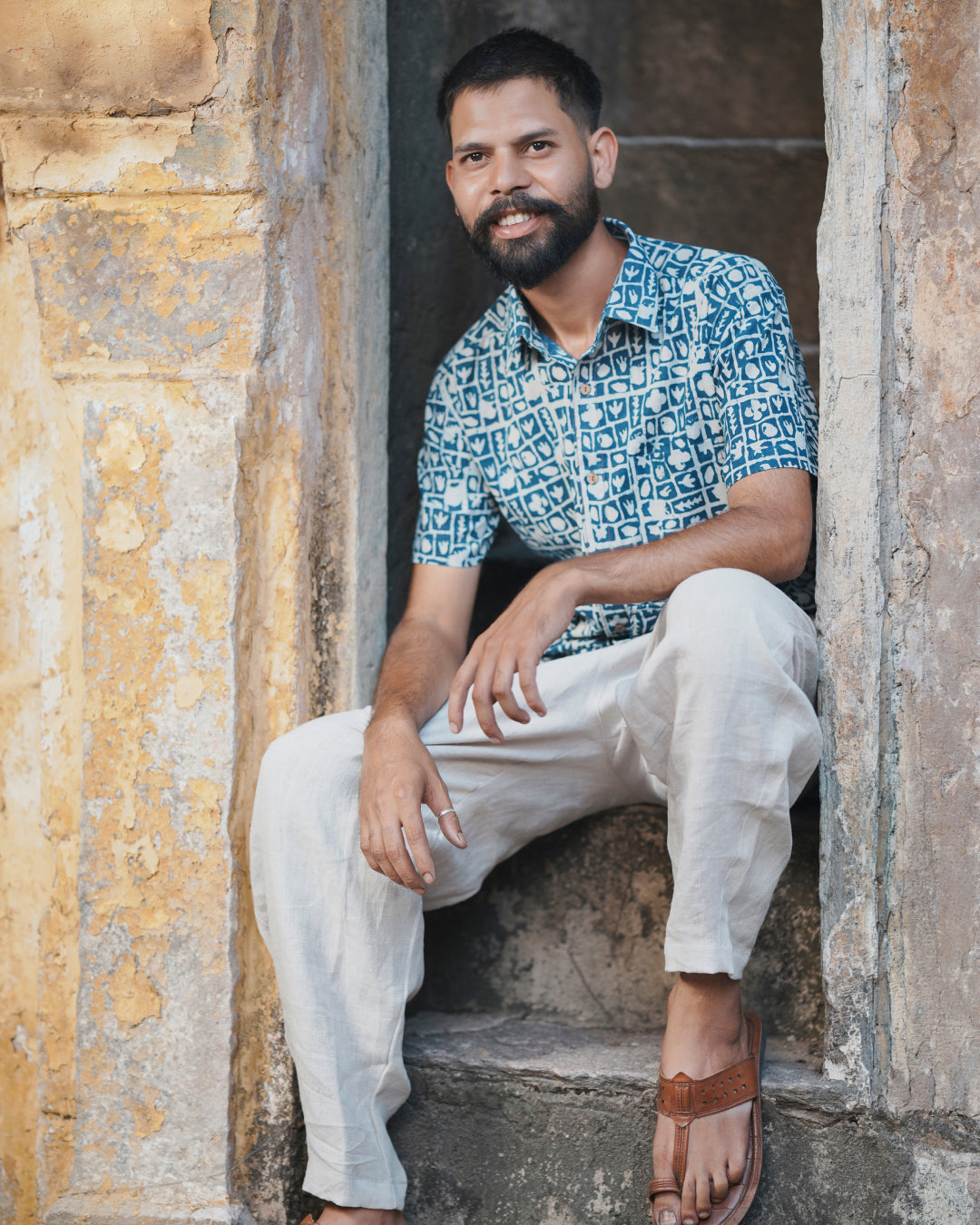 Karvaah- Indigo Mosaic Natural Dye Hand Block Print Cotton Shirt