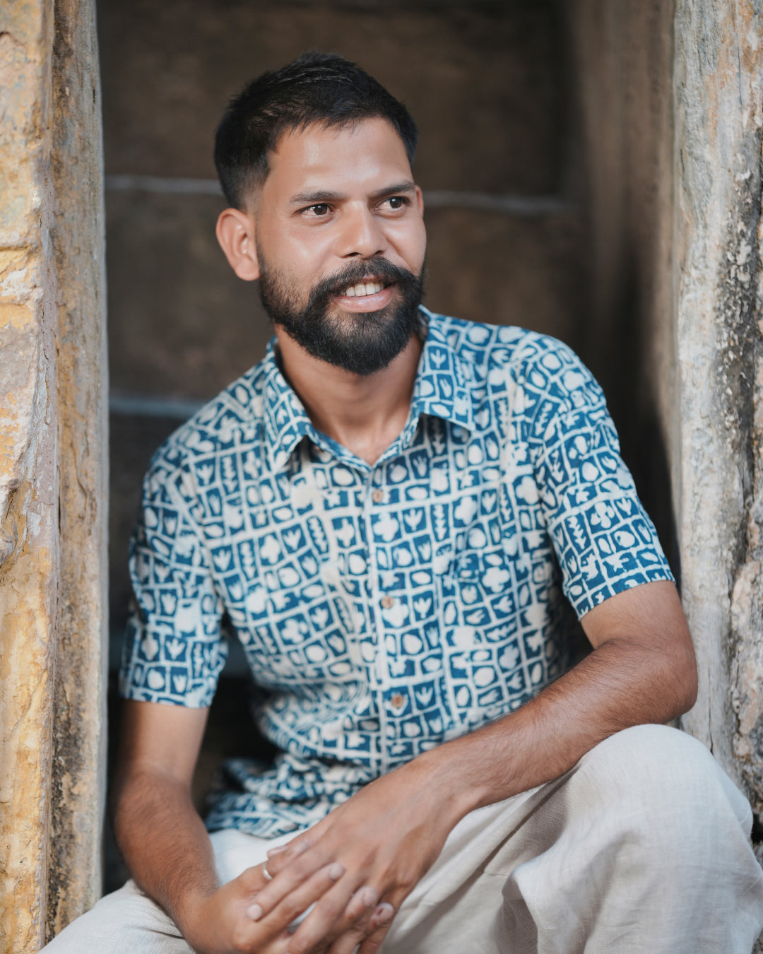 Karvaah- Indigo Mosaic Natural Dye Hand Block Print Cotton Shirt
