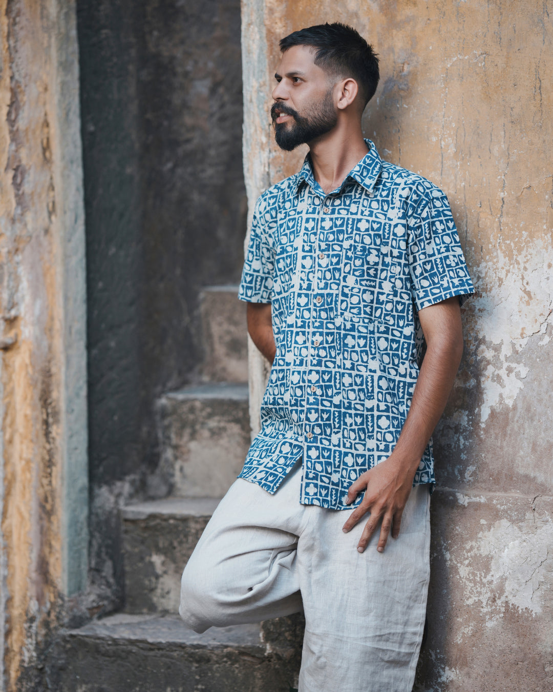 Karvaah- Indigo Mosaic Natural Dye Hand Block Print Cotton Shirt
