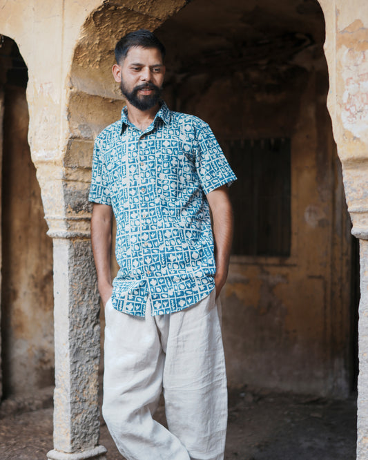 Karvaah- Indigo Mosaic Natural Dye Hand Block Print Cotton Shirt