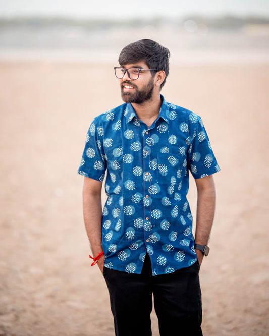 Karvaah- Indigo Pebble Natural Dye Hand Block Print Cotton Shirt