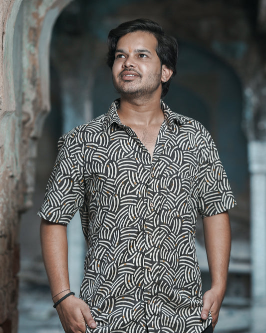 Karvaah- Midnight Wave Hand Block Print Cotton Shirt
